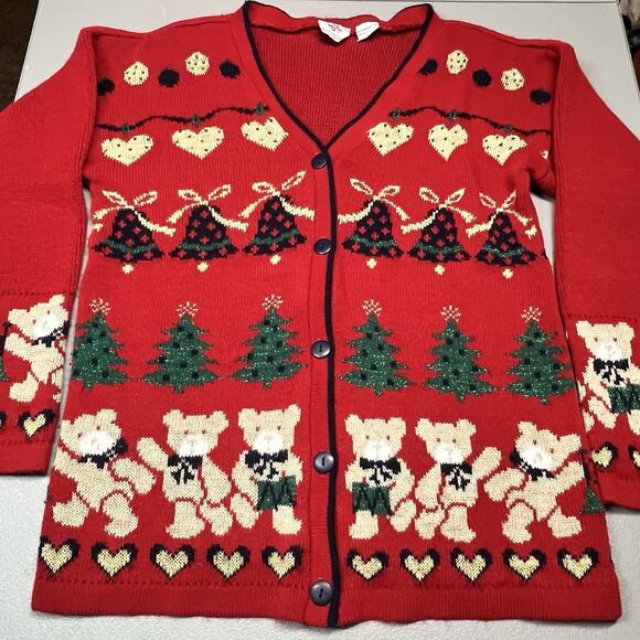 Vtg Nutcracker Ugly Christmas Sweater Cardigan Teddy Bears Hearts Bells Medium - Picture 1 of 8